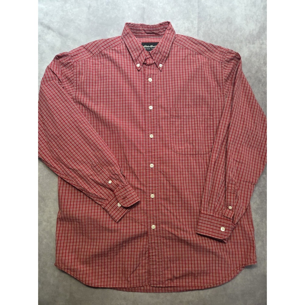 Eddie Bauer Mens Relaxed Fit Cotton Button Down Shirt Red Plaid Medium Holiday